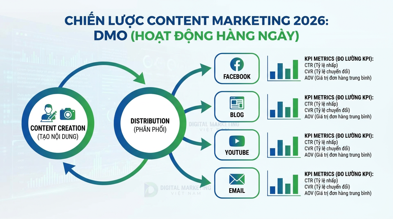 Sơ đồ DMO chiến lược content marketing 2026 phân phối đa kênh