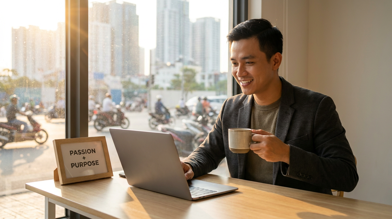 Doanh nhân trẻ khởi nghiệp từ đam mê làm việc tại bàn với laptop