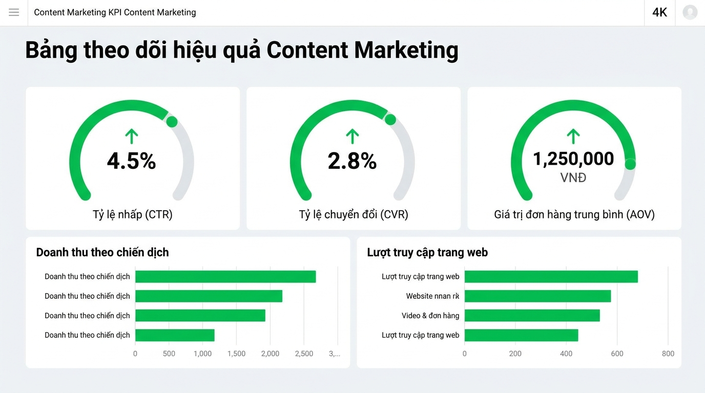 Dashboard đo lường KPI content marketing CTR CVR AOV