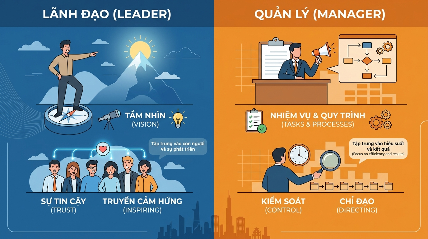 So sánh lãnh đạo và quản lý, sự khác biệt trong phong cách và kết quả