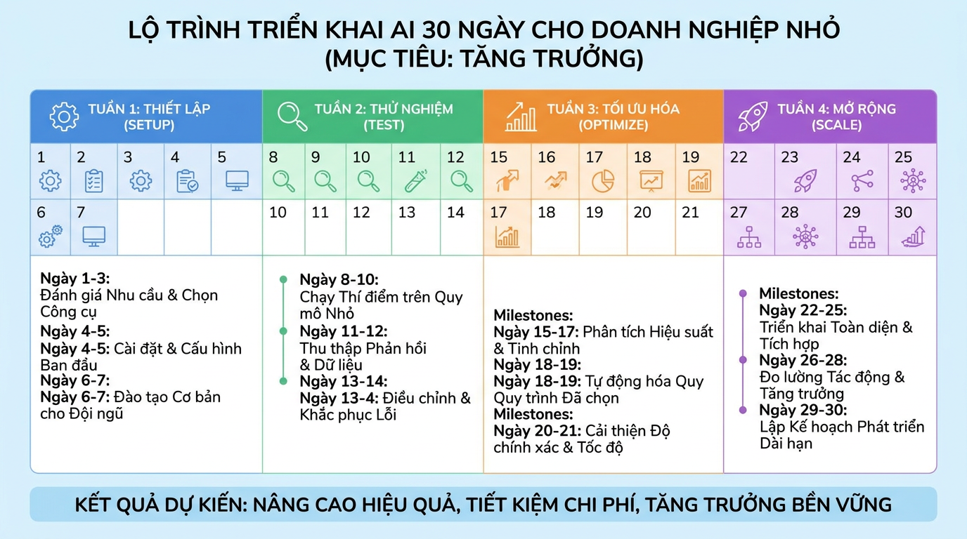 Lộ trình 30 ngày triển khai AI tự động hóa cho doanh nghiệp nhỏ