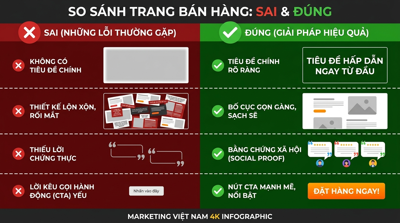 So sánh sales page sai và đúng chuẩn chuyển đổi cao