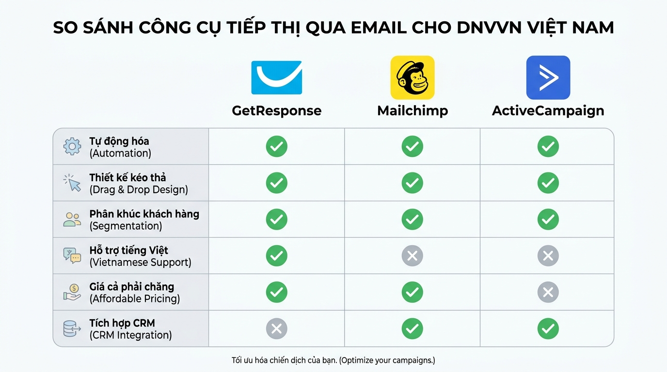 So sánh các công cụ email marketing GetResponse, Mailchimp, ActiveCampaign cho doanh nghiệp Việt Nam